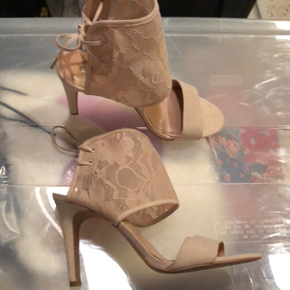 Audrey Brooke beautiful lace ankle tie heels blush pink nude 10 sexy feminine